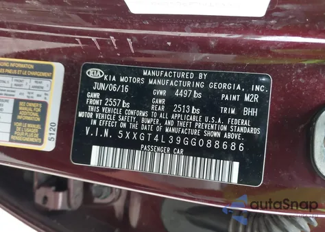 2016 Kia Optima Lx z USA, uszkodzony, nr VIN 5XXGT4L39GG088686